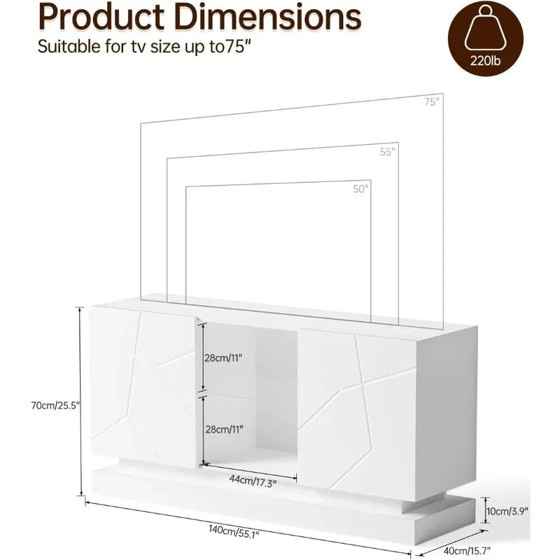 Contemporary TV Stand with LED Lights, Storage Cabinets, and Adjustable Glass Shelves