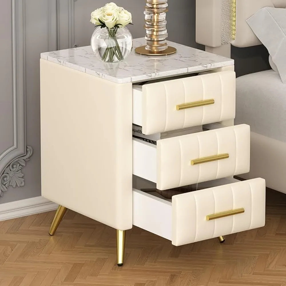 3-drawer Bedside Table with Metal Legs and Handles, Cushioned Bedside Table with Artificial Marble Countertop