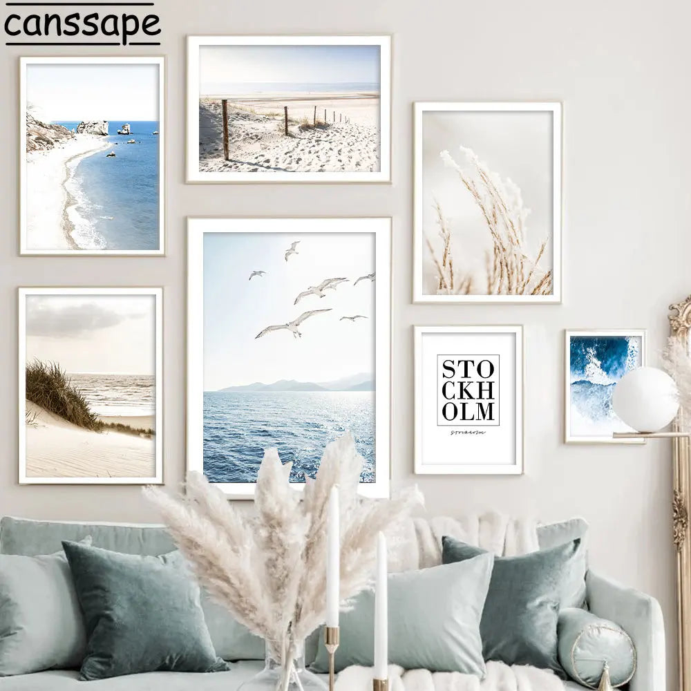 Blue Sea Print Posters Seagull Wall Art Beach Reed Canvas Pictures Seascape Art Prints Nordic Poster Living Bedroom Decoration