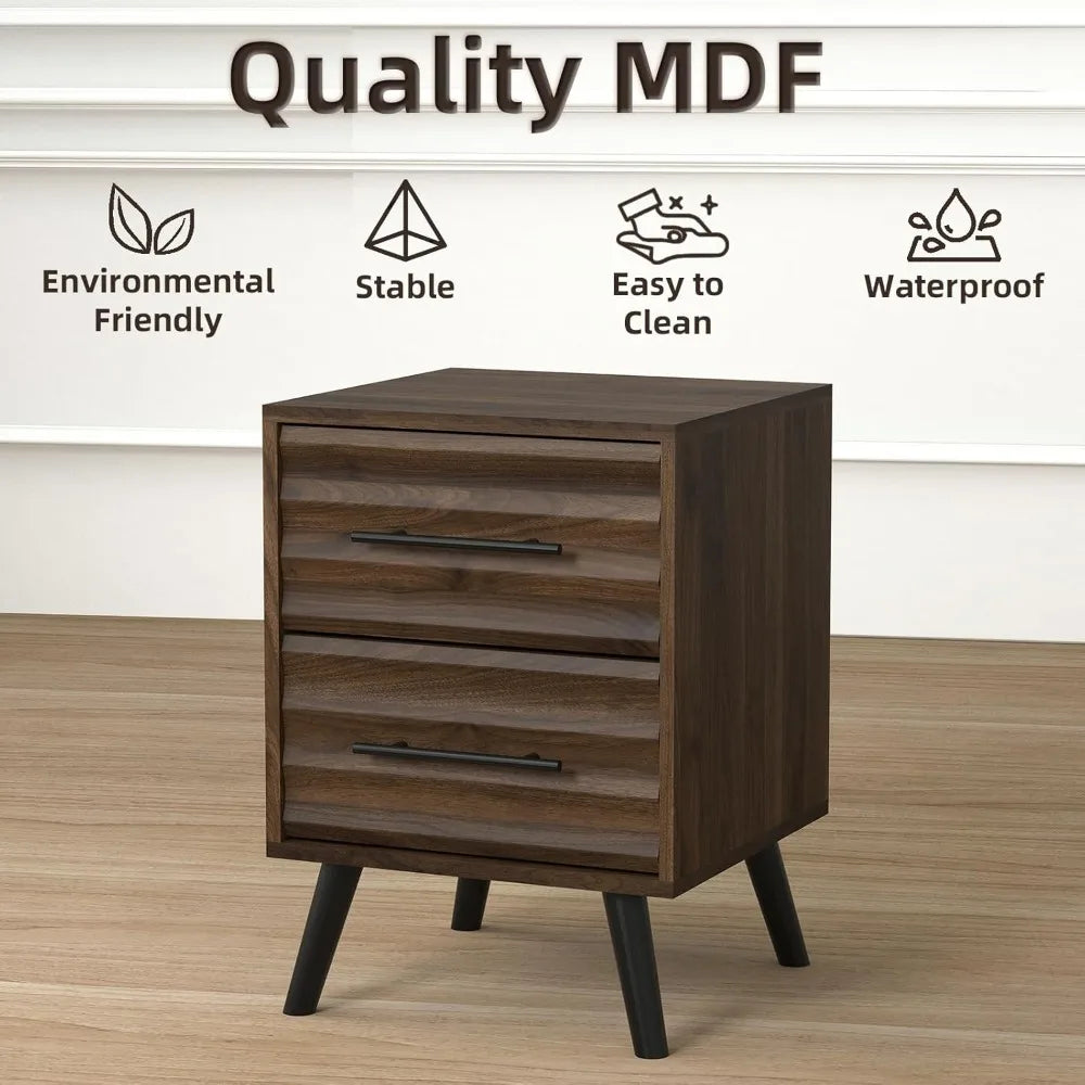 Night Stands, Fluted Nightstands with 2 Drawer Storage, Mid Century Bed Stands End Table, Large Bedside Table for Bedroom