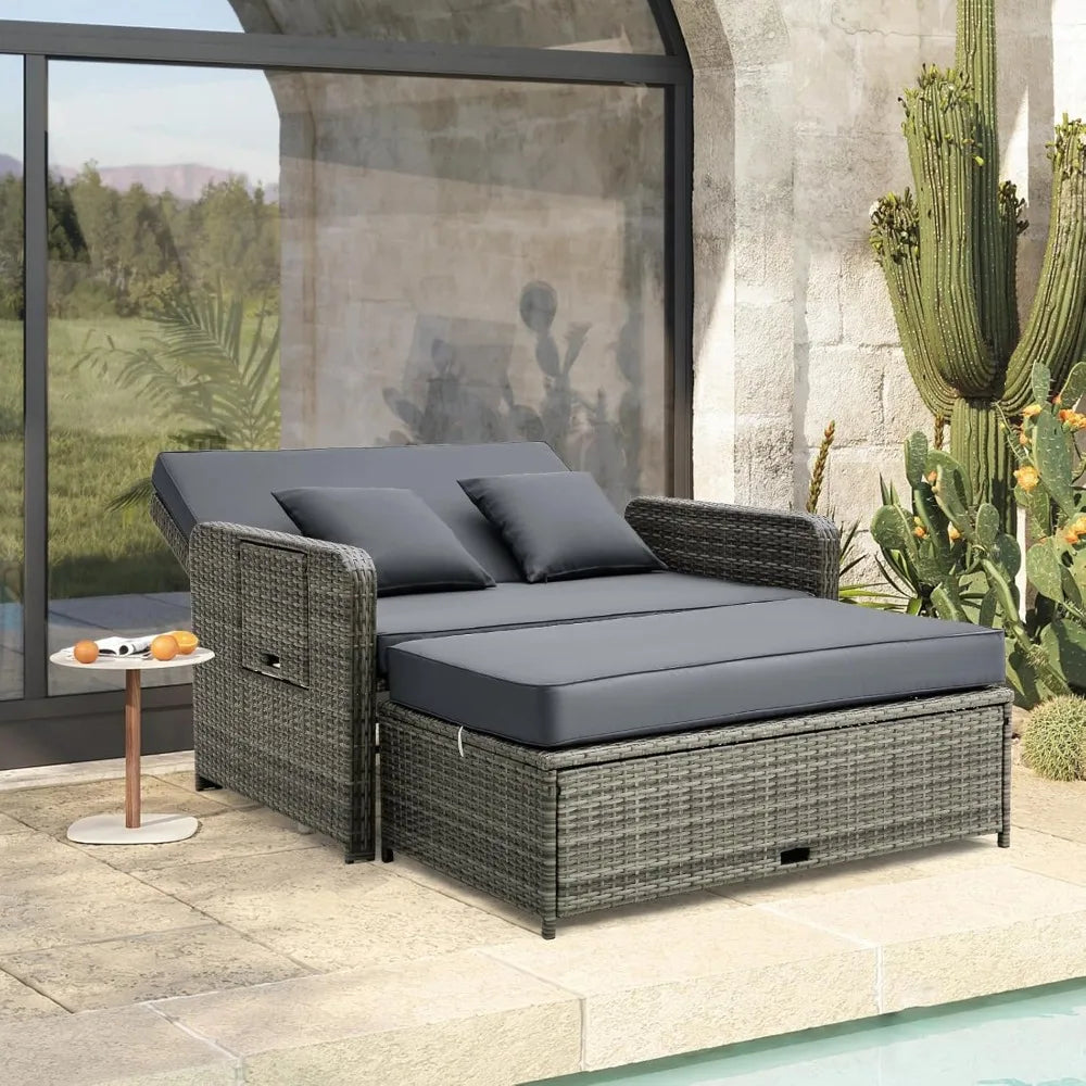 Patio Rattan Daybed Set, Wicker Loveseat Sofa w/Multipurpose Ottoman & Retractable Side Tray, 4-Level Adjustable Backrest