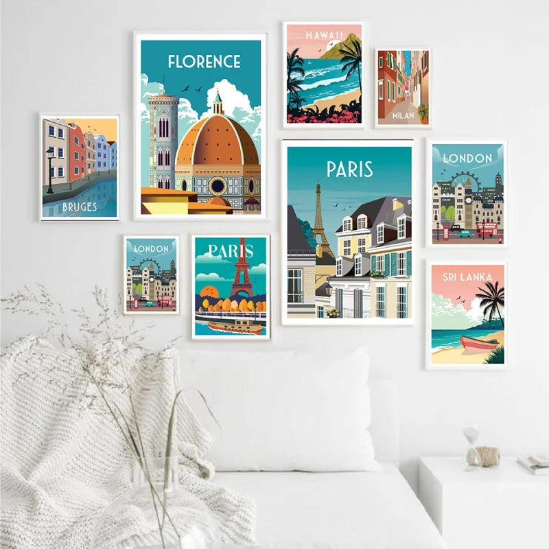 France Paris Florence Hawaii Milan Bruges Famous City Travel Poster Canvas Painting Landscape Wall Art Living Room Home Decor