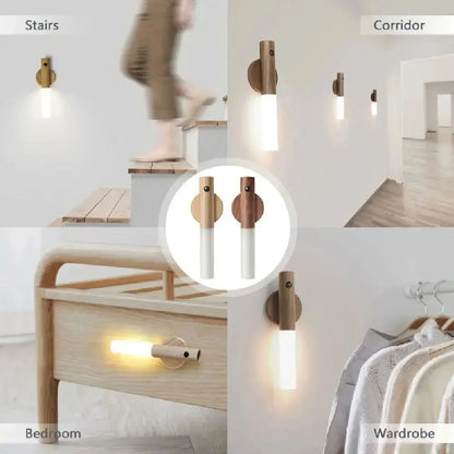 LED Wood Grain Magnetic Wall Lamp Motion Sensor USB Night Light Cabinet Closet light Staircase Bedroom Table Bedside Lighting