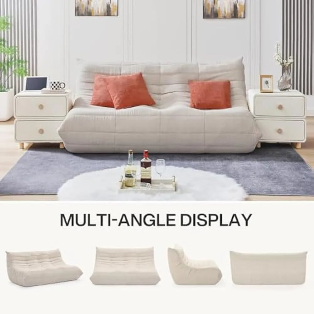 Modern Lazy Floor Togo Sofa, with 3 Pillows, Beige High-density Foam Giant Bean Bag Sofa, Armless 3-seat Comfortable Sofa