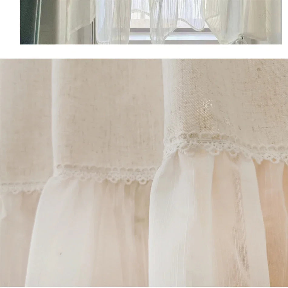 Cotton linen chiffon ruffled Short Curtains Rod-piercing Floral Half-Curtain Kitchen Cafe Living Room Bay Window Cabinet Curtain