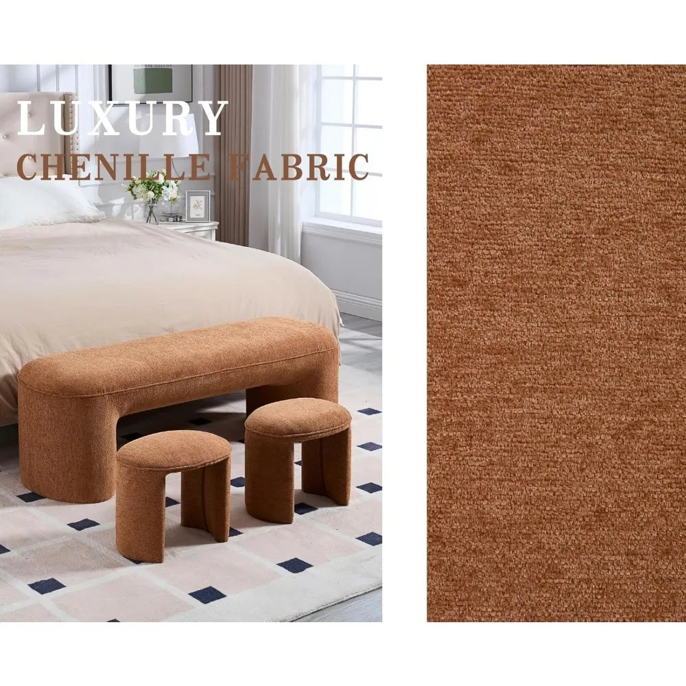Ottoman Bench 53 Inch Long Bedroom Bench with 2 Small Stools Chenille Padded Entryway Bench Set of 3 Comfy Upholstered