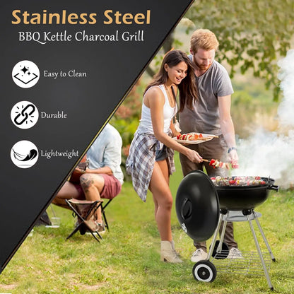 BBQ Kettle Charcoal Grill Outdoor Portable Grill Backyard Cooking Stainless Steel for Standing & Grilling Steaks, Burgers 18"