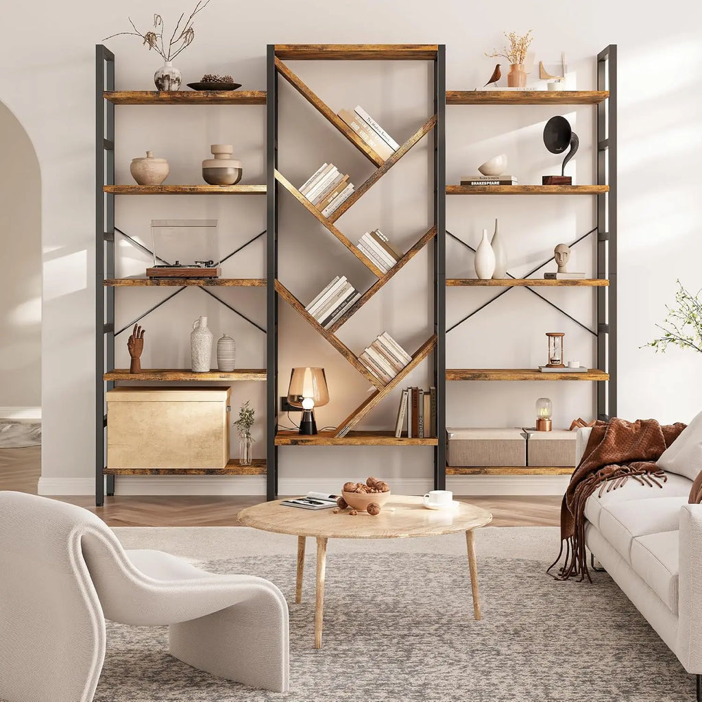 5 Tier Book Shelf, Large Wooden Bookcase with 17 Open Display Shelf, Modern Tree Bookshelf Metal Frame Tall Bookshelf Furniture