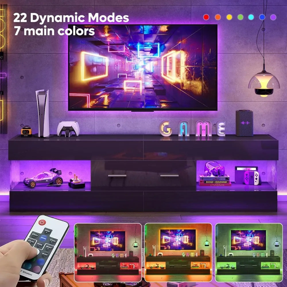 Black TV Stand for 55/60/65 Inch TV, High Gloss Modern TV Stand with Stone-Patterned Side Panels, LED Entertainment Cent