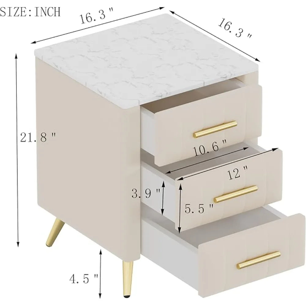 3-drawer Bedside Table with Metal Legs and Handles, Cushioned Bedside Table with Artificial Marble Countertop