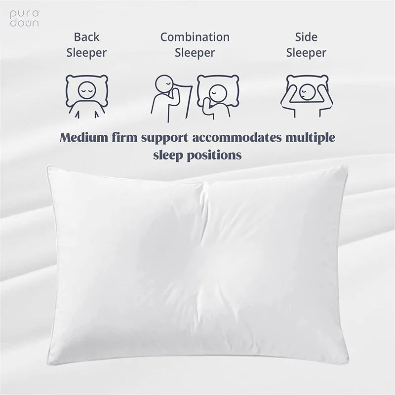 2pcs White Goose Down Feather Pillow for Sleeping Soft Bed Pillow with 100% Cotton Shell Standard Queen Size Back, Side Sleeper