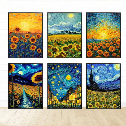 Van Gogh Sunflower Flower Starry Sky Art Pictures Poster Printing Oil Painting Canvas Painting For Modern Home Decor Gift