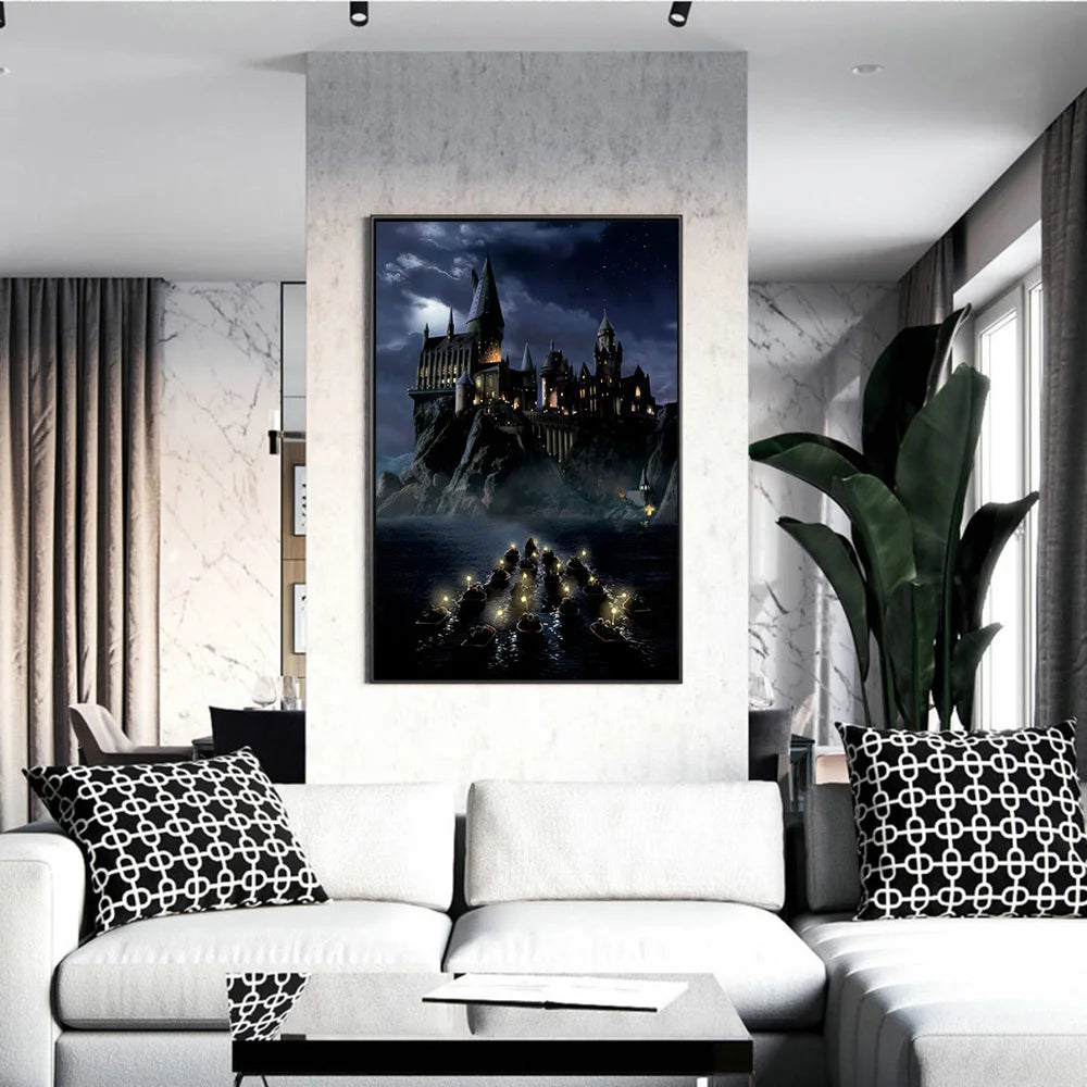 Boats to Hogwarts Magic School Night View Canvas Art Posters and Prints Landscape Painting on the Wall Art Picture Home Decor