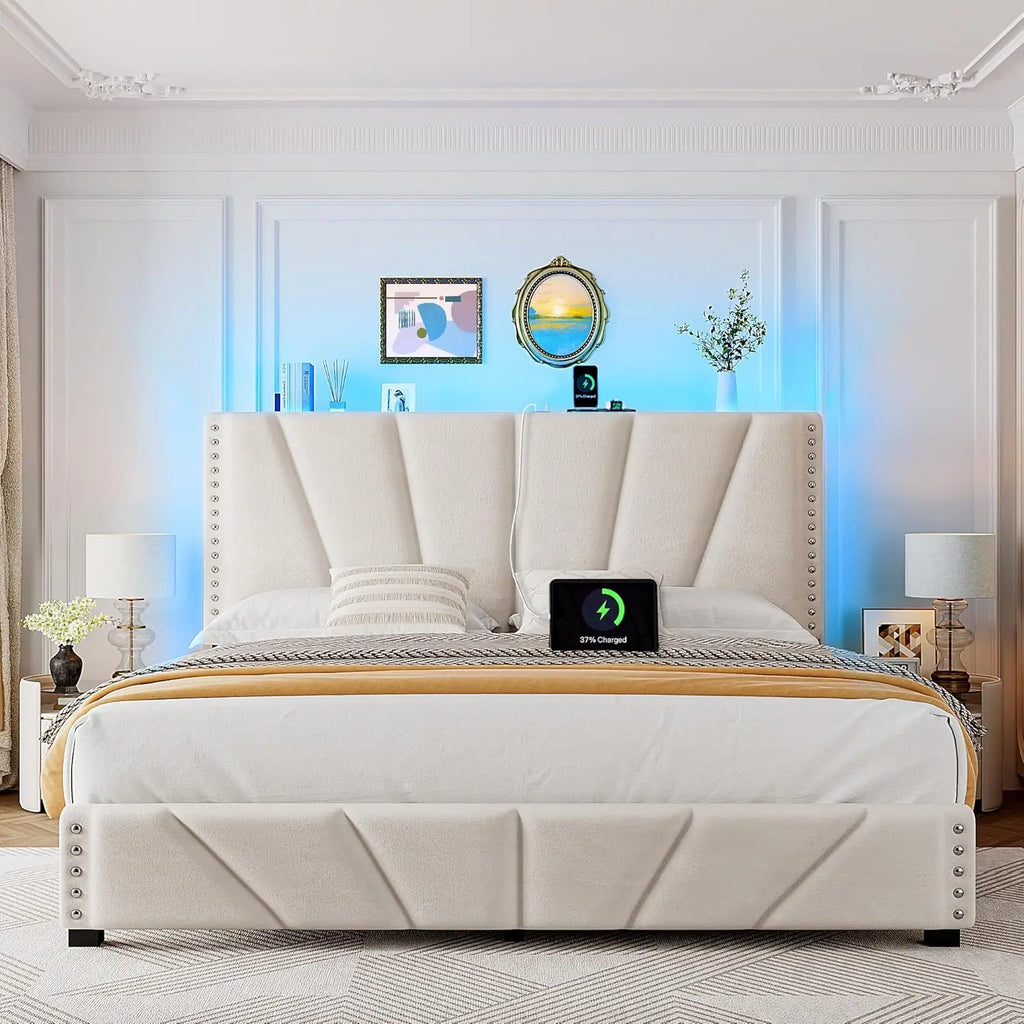 Velvet Headboard and LED Lights， Storage Headboard Platform Bed with Charging Station，King Size Bed Frame