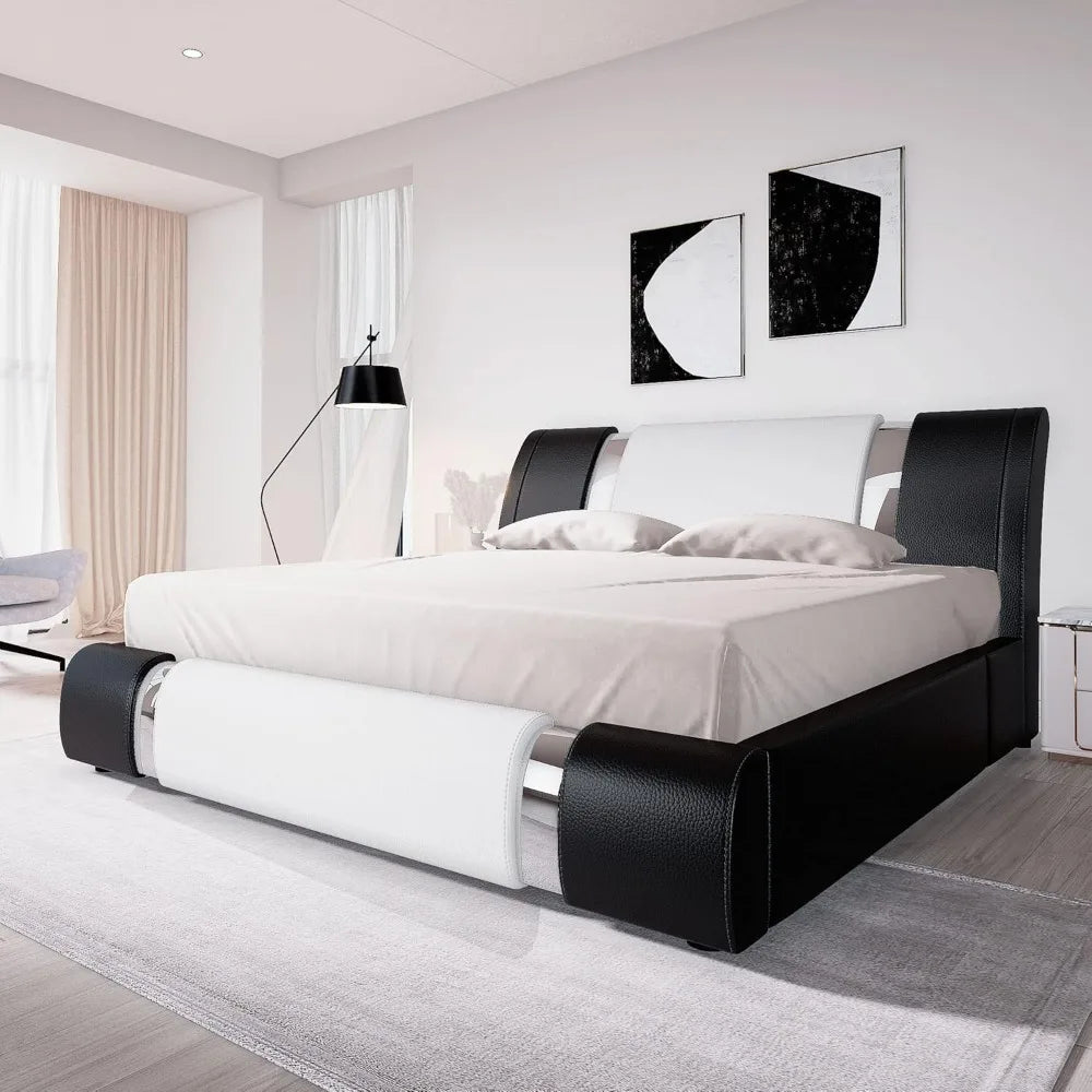 King Size Bed Frame with Iron Piece Decor, Faux Leather Upholstered Platform Bed with Curved Adjustable Headboard, Modern White