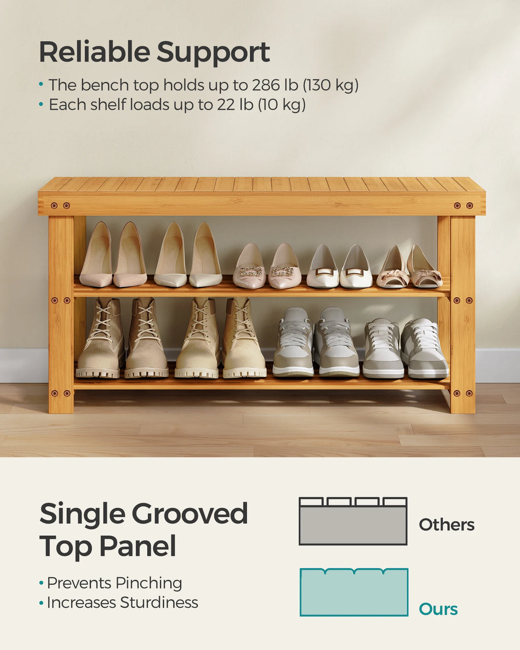 SONGMICS Shoe Rack Bench, 3-Tier Bamboo Shoe Storage Organizer, Entryway Bench, Holds Up to 286 lb, 11.3 x 35.4 x 17.8 Inches