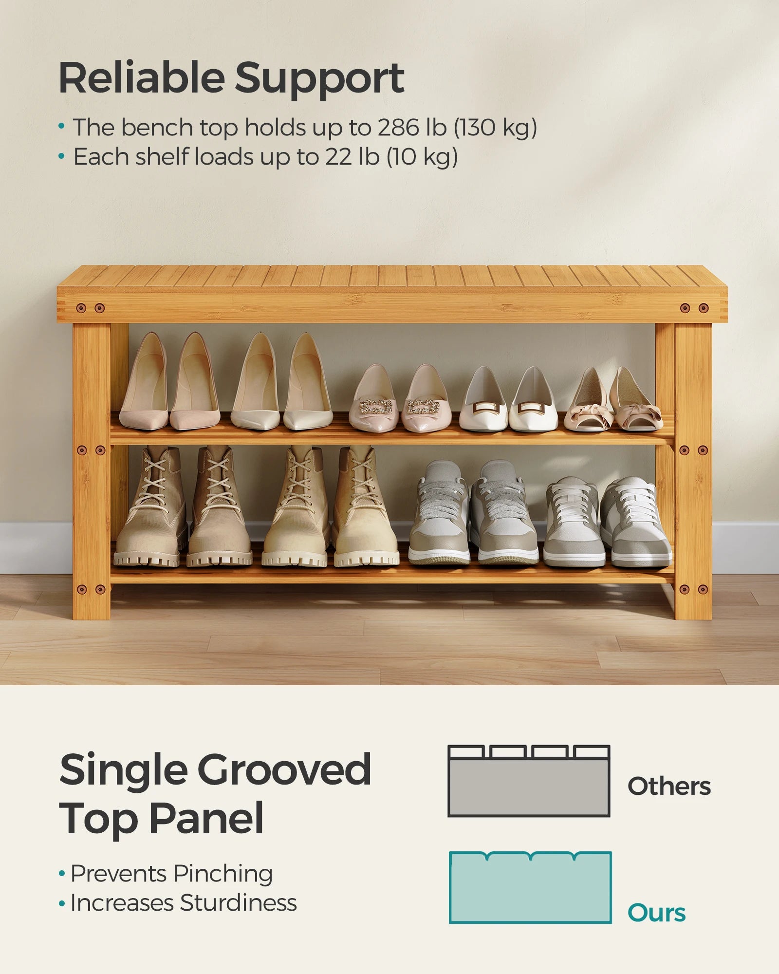 SONGMICS Shoe Rack Bench, 3-Tier Bamboo Shoe Storage Organizer, Entryway Bench, Holds Up to 286 lb, 11.3 x 35.4 x 17.8 Inches