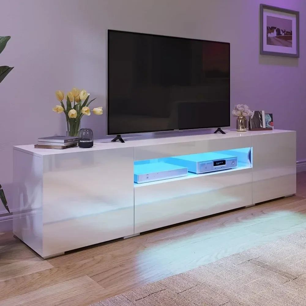 Modern LED Entertainment Center with Large Storage Drawers, High Gloss Front Wood TV Cabinet Media Console