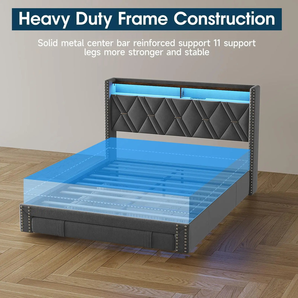 Upholstered Platform Bed With LED Lights & 3 Storage Drawers