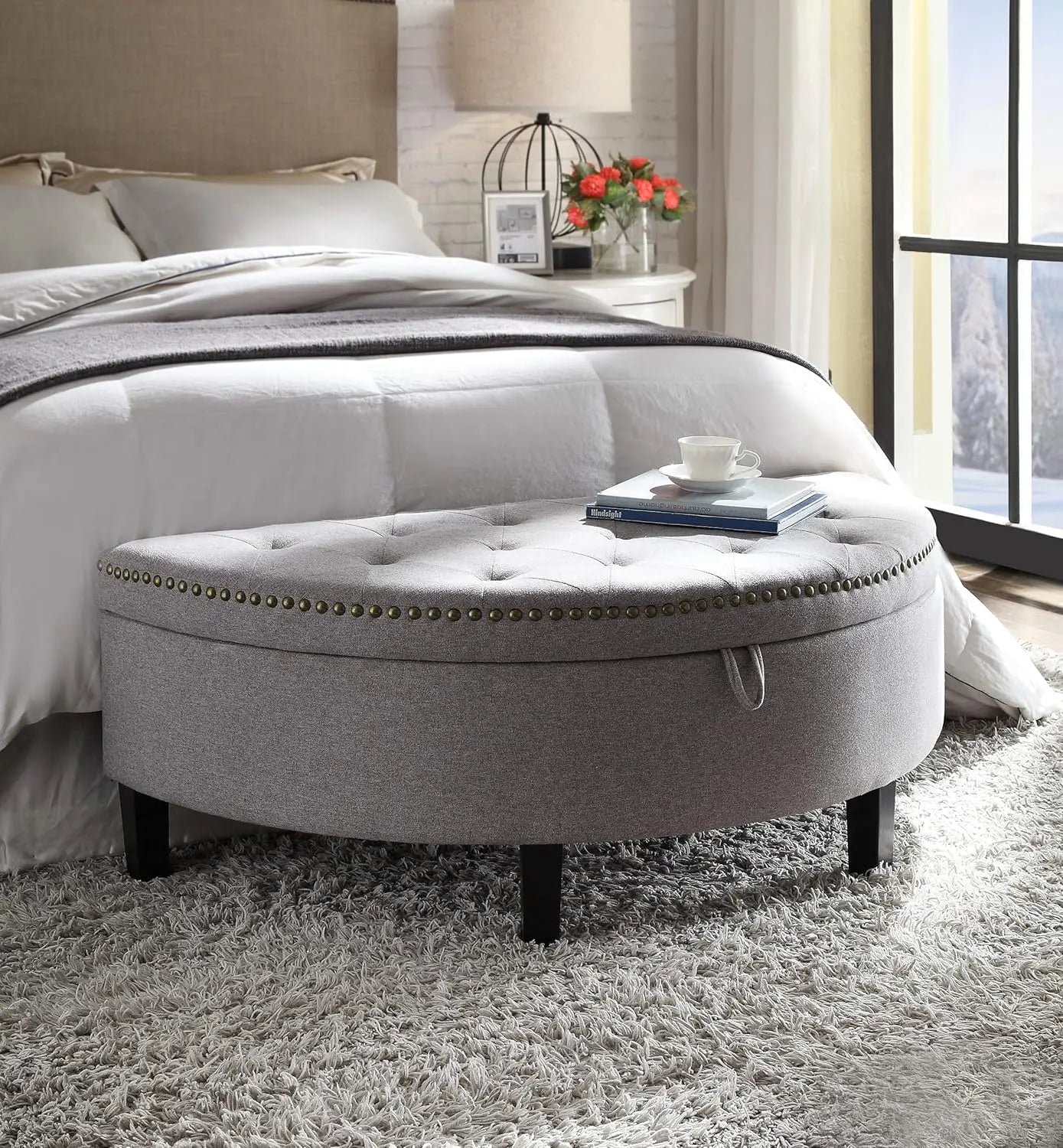 Storage Ottoman Button Tufted Velvet Upholstered Gold Nailhead Trim Espresso Finished Wood Legs Bench Modern Transitional