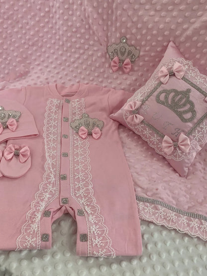 5pcs Baby Girl Outfits Set Welcome Home Hosptial Infant Receiving Blanket Pillow Bed Hat Mittens Romper Set