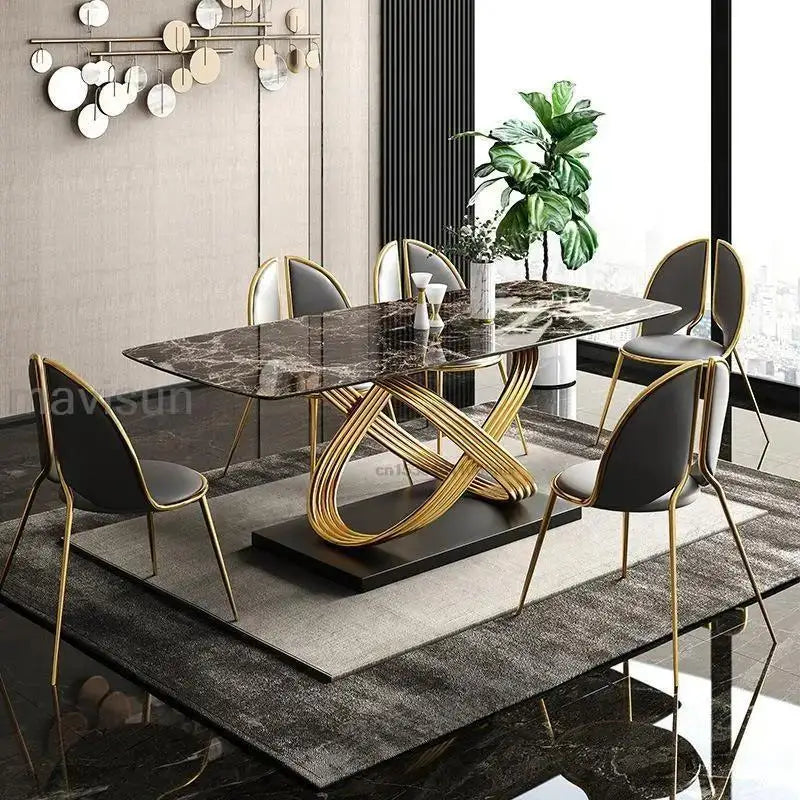 Modern Dining Table With Stainless Steel Finish Black White Desk Top For Six People Home Rectangle Luxury Marble Kitchen Table - LUXHOME