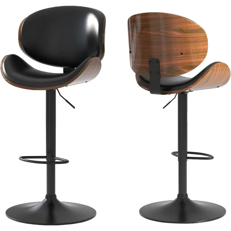 Set of 2, Swivel Adjustable Height Barstools, PU Leather Upholstered Bar Chairs with Footrest, Bentwood Bar Stool for Kitchen