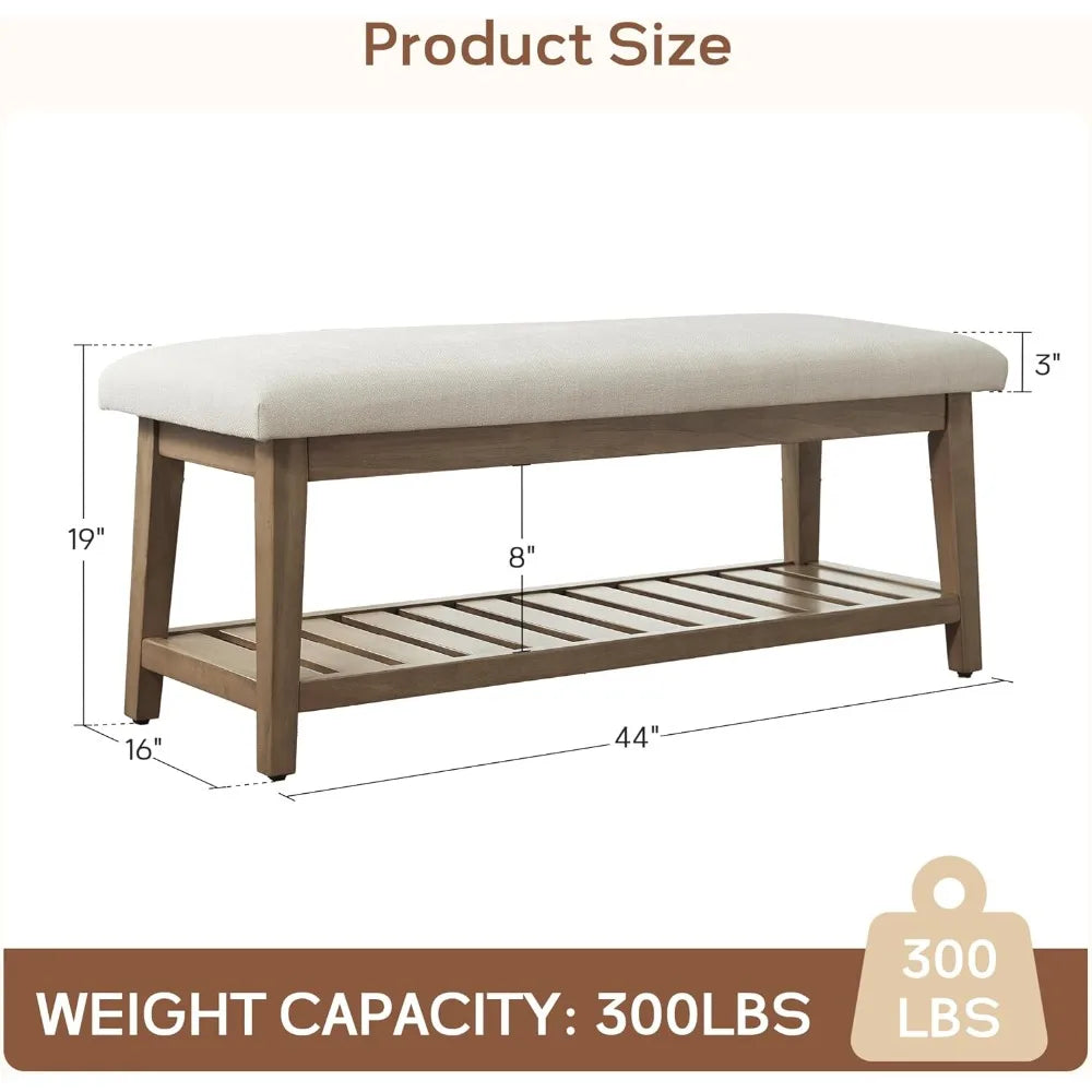 Entryway Bench, End of Bed Bench, Chenille Upholstered Shoe Bench for Bedroom, Ottoman Bench with Solid Wood Shelf, Storage Benc