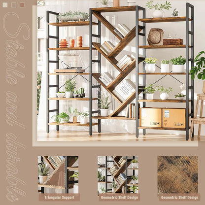 5 Tier Book Shelf, Large Wooden Bookcase with 17 Open Display Shelf, Modern Tree Bookshelf Metal Frame Tall Bookshelf Furniture