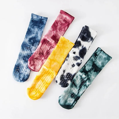 Yoga Socks Women Cotton Tie-dye Towel Silicone Non-slip Pilates Grip Crew Sock