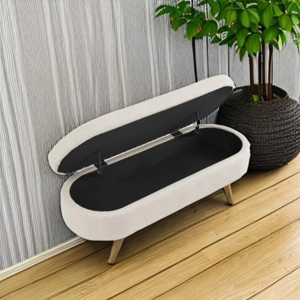 Storage Bench 43.5" Linen Fabric Upholstered Entryway Bench with Solid Wood Legs Ottoman Indoor Bench for Living Room