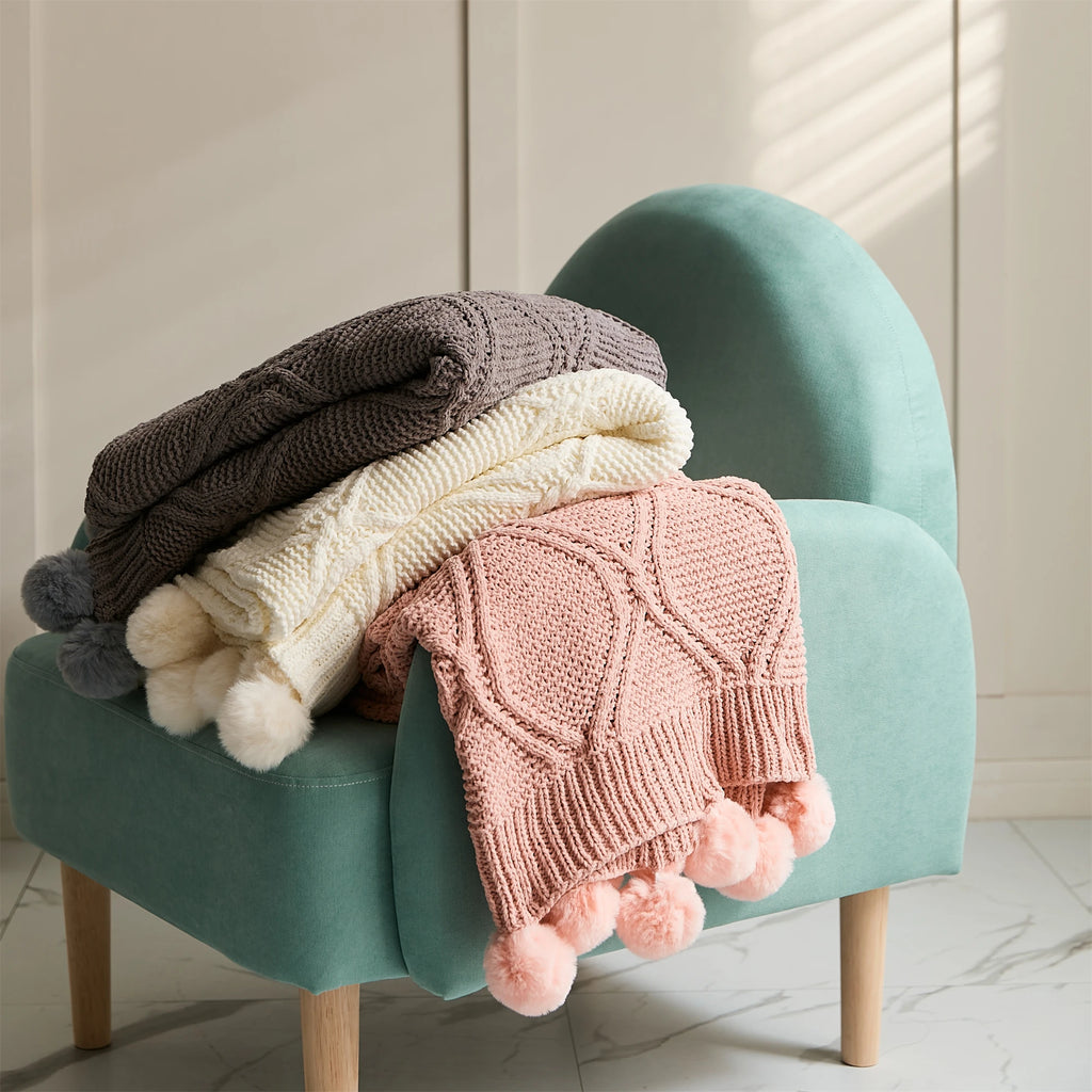 Soft Chenille Pompom Cable Knit Blanket