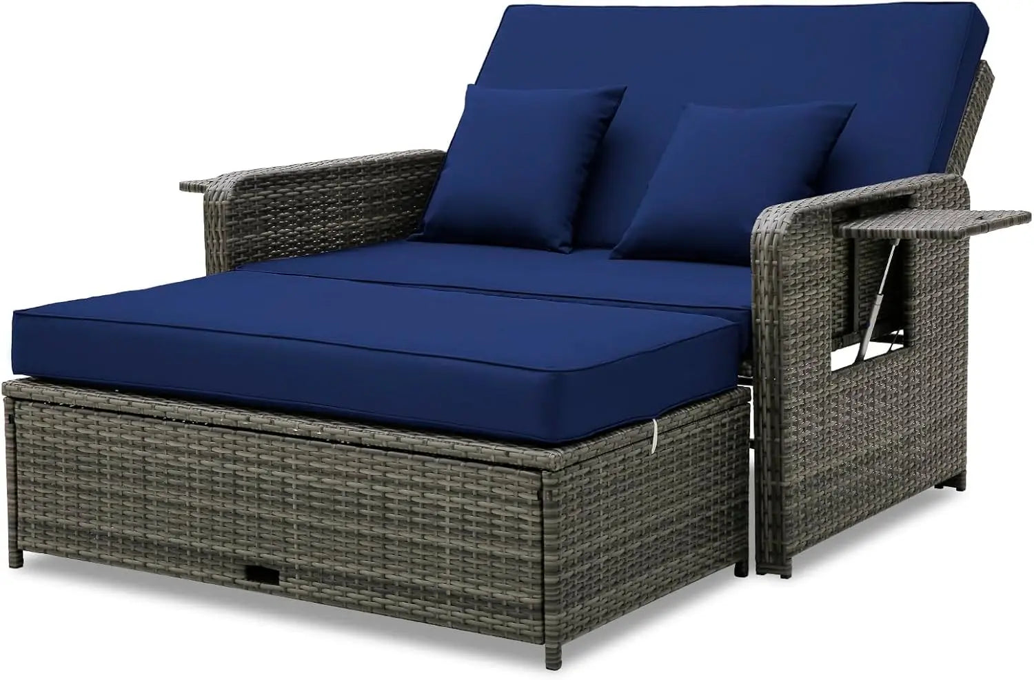 Patio Rattan Daybed Set, Wicker Loveseat Sofa w/Multipurpose Ottoman & Retractable Side Tray, 4-Level Adjustable Backrest