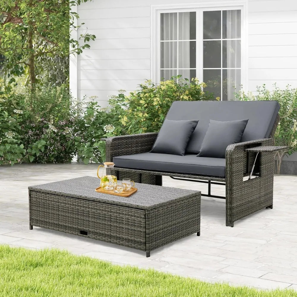 Patio Rattan Daybed Set, Wicker Loveseat Sofa w/Multipurpose Ottoman & Retractable Side Tray, 4-Level Adjustable Backrest