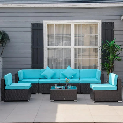 7-Piece Patio Furniture Sets Outdoor Wicker Sets All Weather PE Rattan Sectional Sofa Set with Cushions & Tempered Glass Desktop