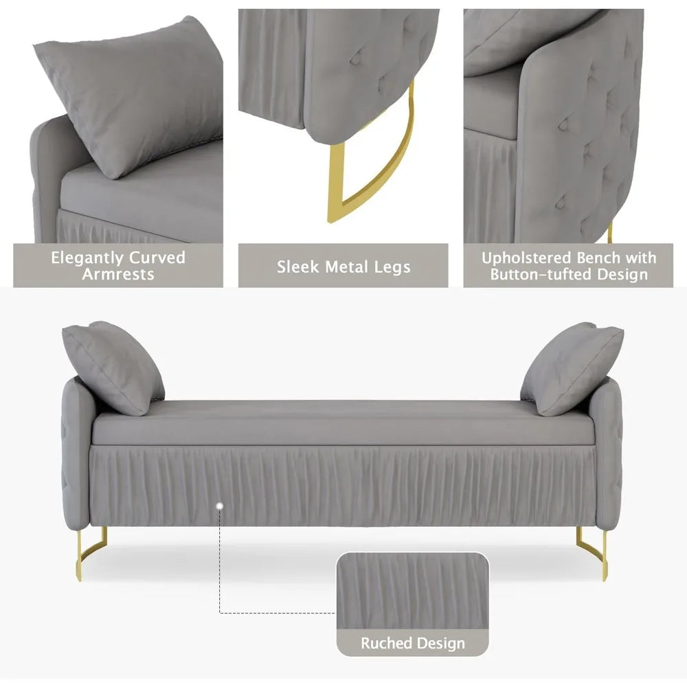 2 Pieces King Bedroom Sets, King Size Ruched and Button Tufted Velvet Upholstered Bed Frame and Storage Ottoman Bench