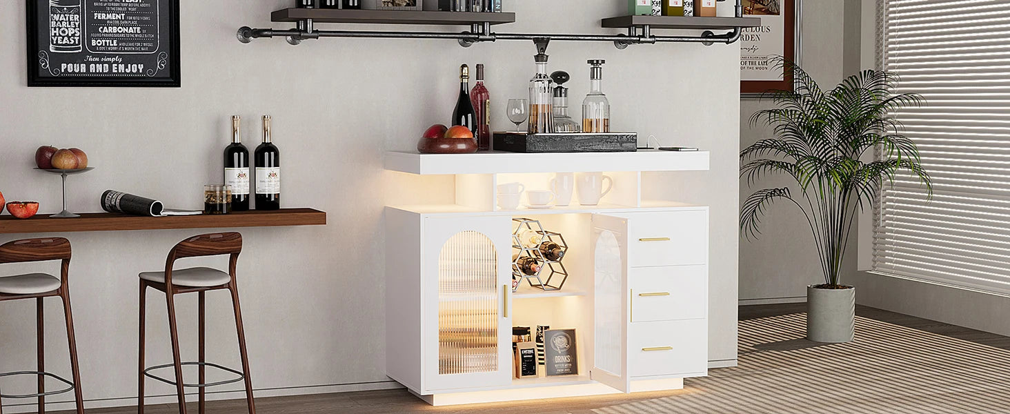 LED Buffet Cabinet 40”W with Wireless Charging Station,Auto Sensor RGB 20-Color Dimmable Sideboard