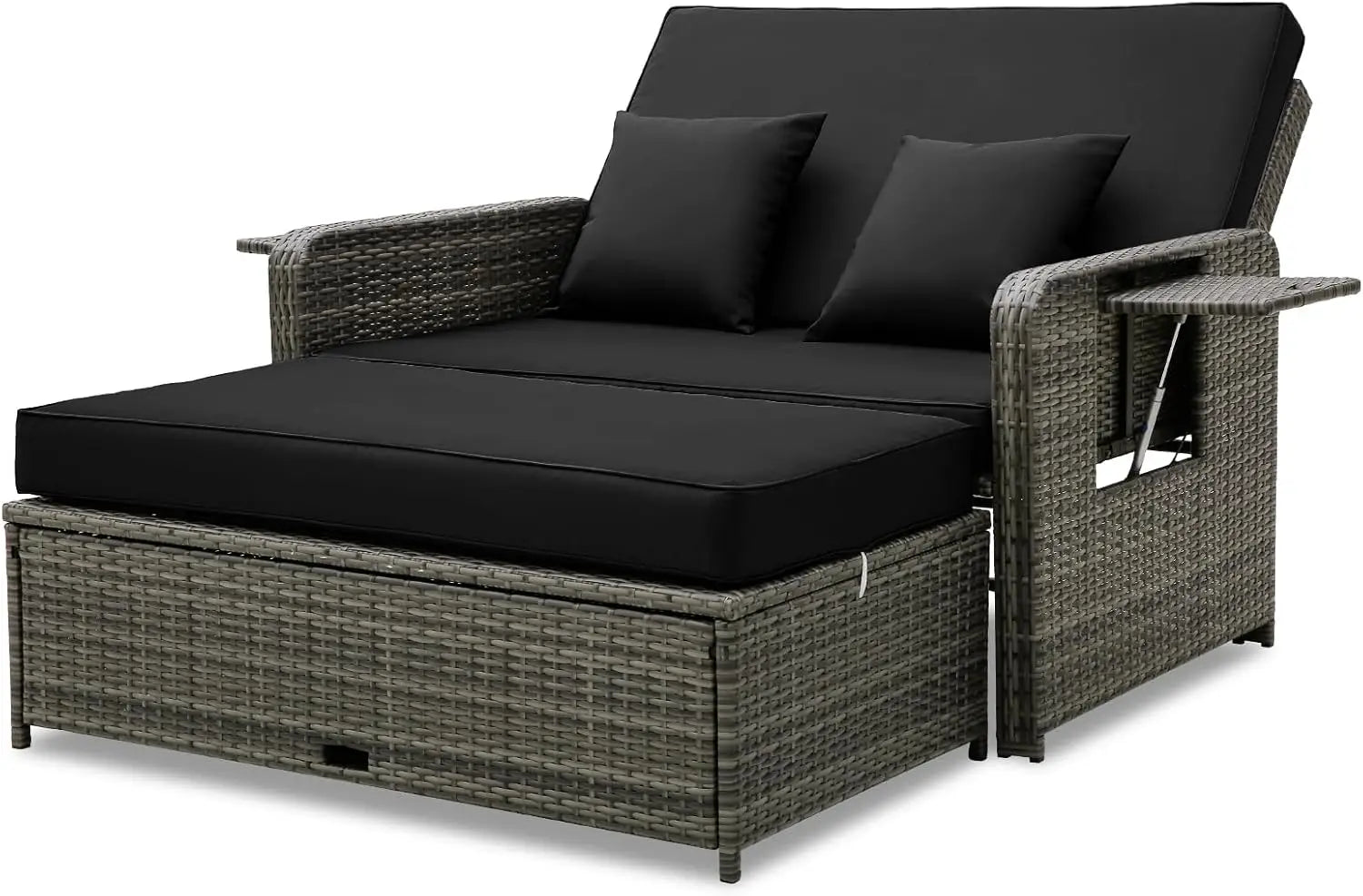 Patio Rattan Daybed Set, Wicker Loveseat Sofa w/Multipurpose Ottoman & Retractable Side Tray, 4-Level Adjustable Backrest