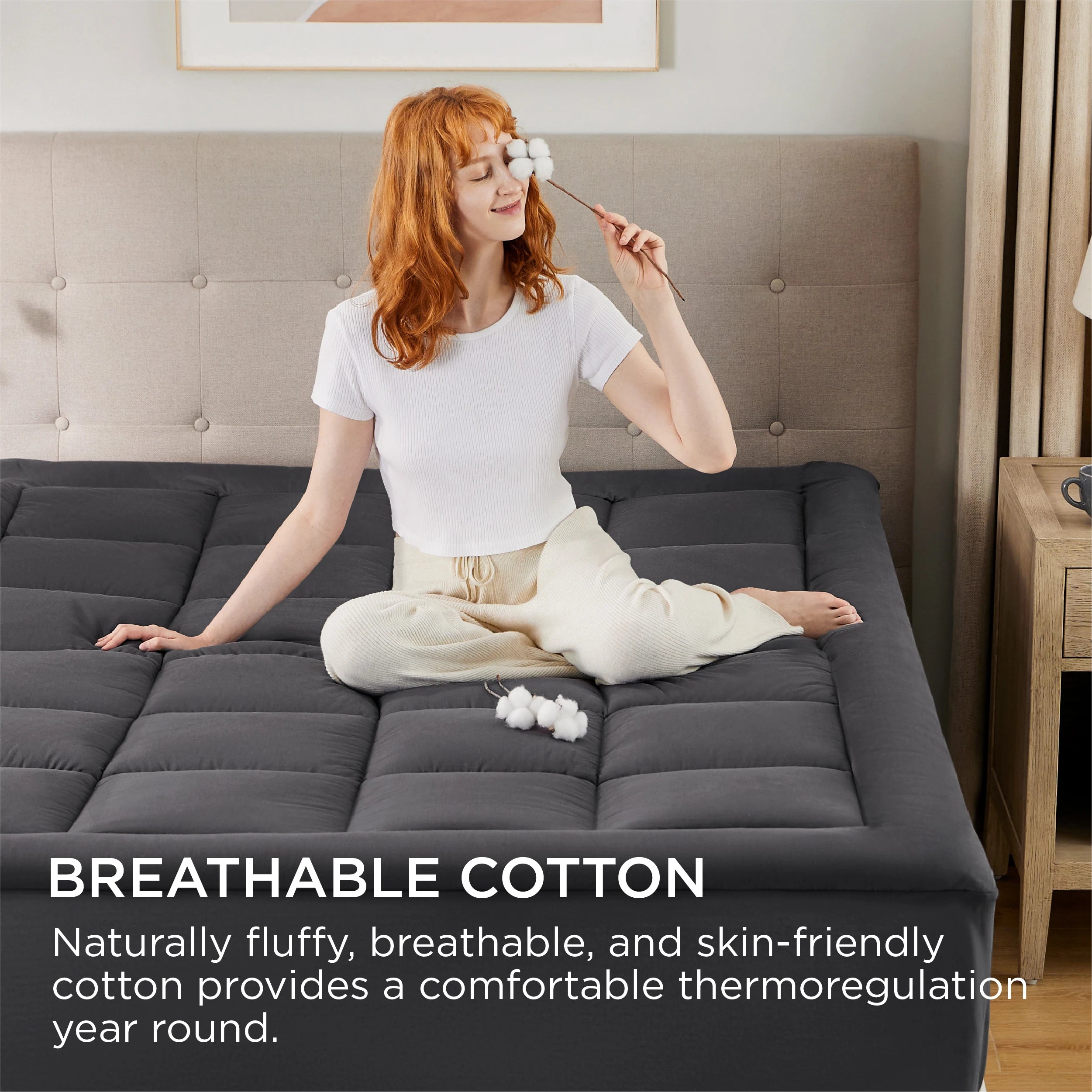 Breathable Cotton Mattress Topper with Deep Pocket Fits 8-21”