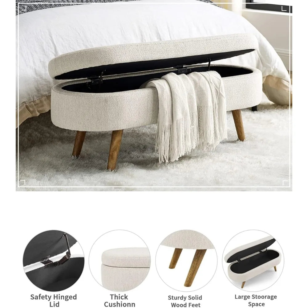 Storage Bench 43.5" Linen Fabric Upholstered Entryway Bench with Solid Wood Legs Ottoman Indoor Bench for Living Room