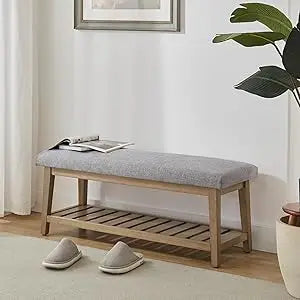 Entryway Bench, End of Bed Bench, Chenille Upholstered Shoe Bench for Bedroom, Ottoman Bench with Solid Wood Shelf, Storage Benc