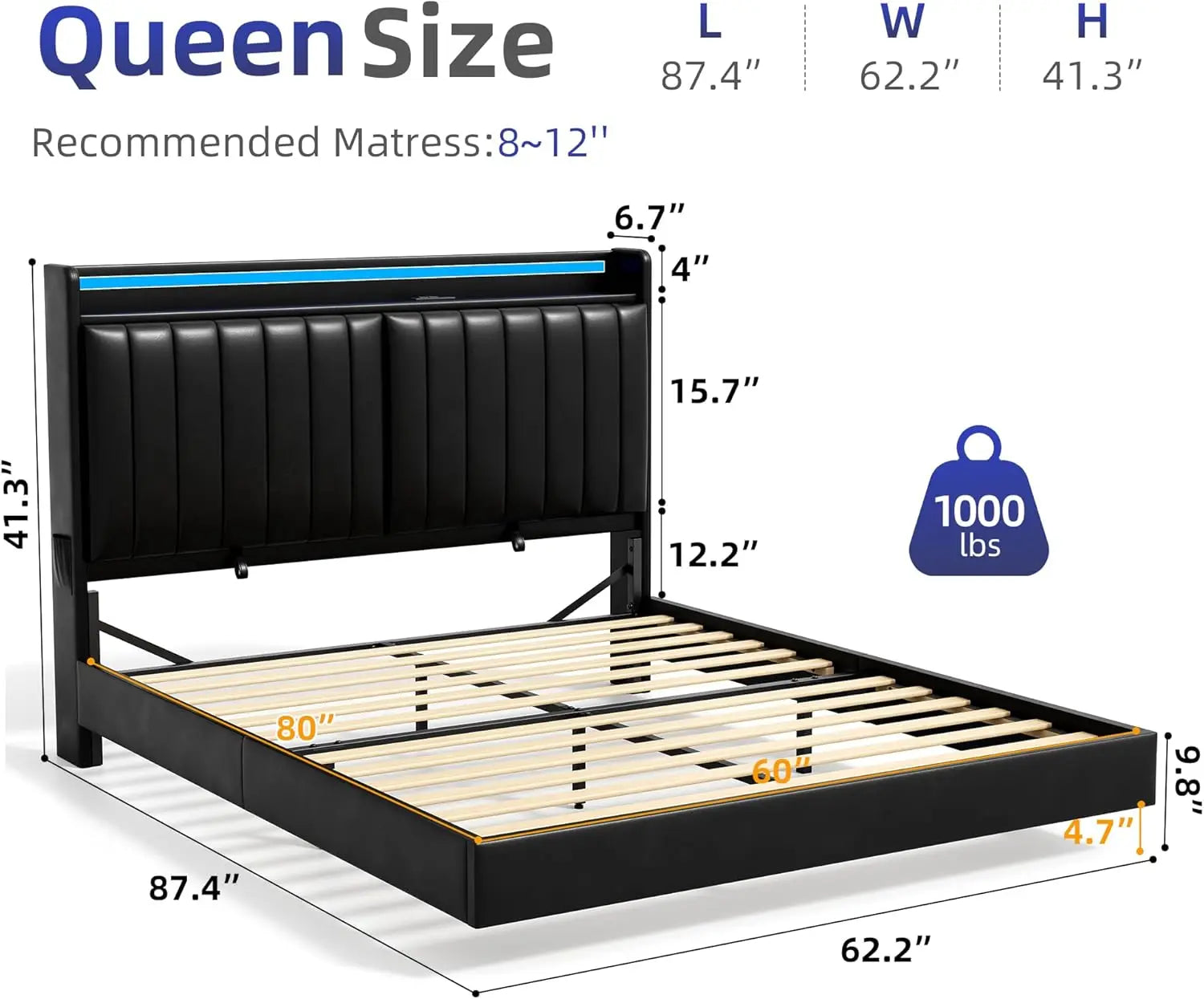 Hidden Storage Headboard and LED Lights, Visual Floating LED Bed Frame with Charing Station, Leather Upholstered Platform Bed,Lo