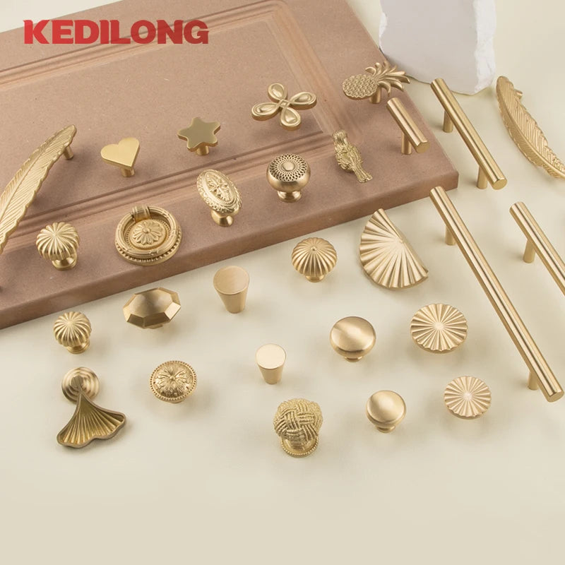 European style minimalist solid brass cabinet pull handle classical light luxury drawer gold knob cabinet door long handle - LUXHOME