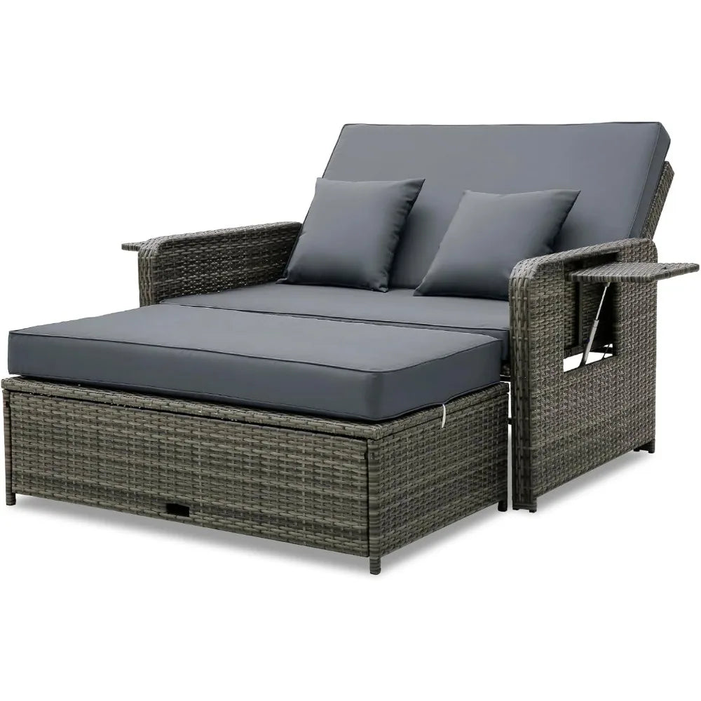 Patio Rattan Daybed Set, Wicker Loveseat Sofa w/Multipurpose Ottoman & Retractable Side Tray, 4-Level Adjustable Backrest