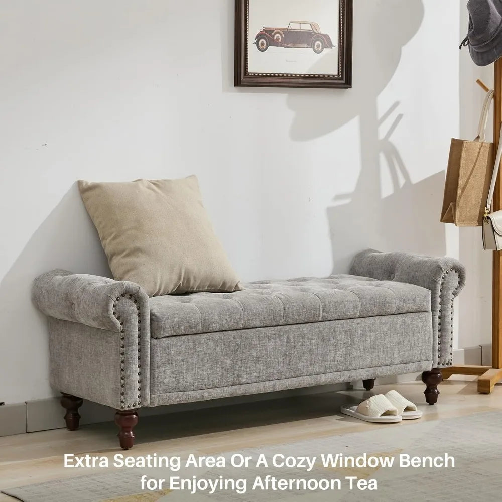 Storage Bench Upholstered Chenille, with Tufted Cushioned Rolled Arm Large Storage Space ,Bedroom Bed Bench Ottoman