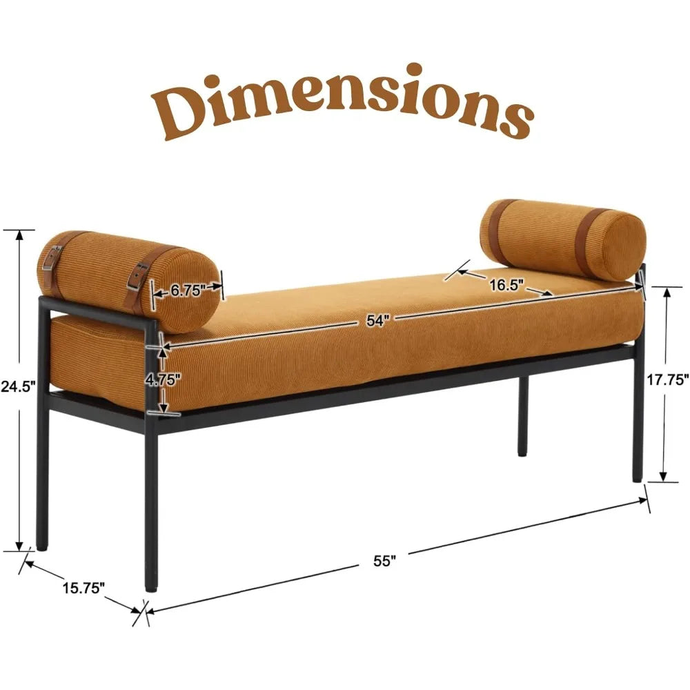 Modern 55" End of Bed Bench Long King Upholstered Chenille Ottoman Bench with Arms & Detachable Strappy Pillows for Bedroom Ent