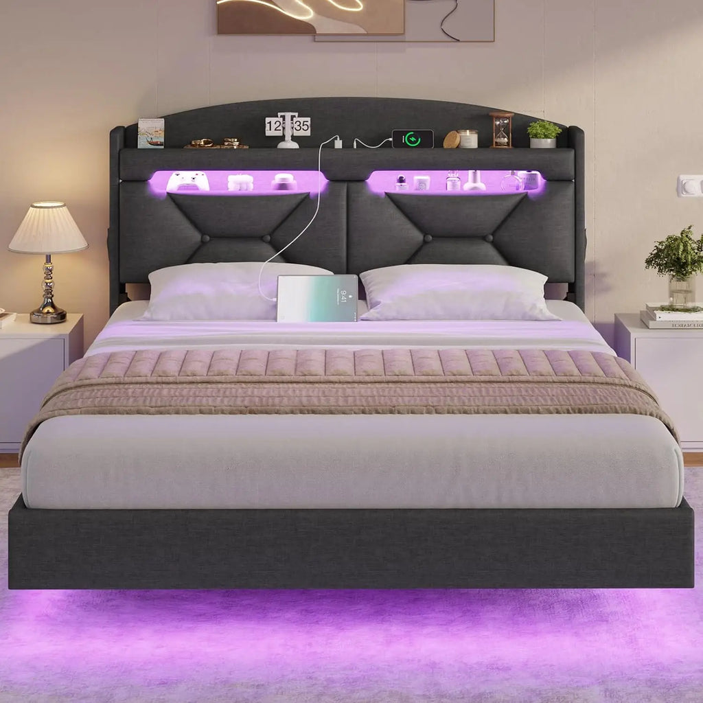 Floating Queen Bed Frame with Charging Station & Hidden Storage Headboard, RGB Floating Platform Bed Dark Grey