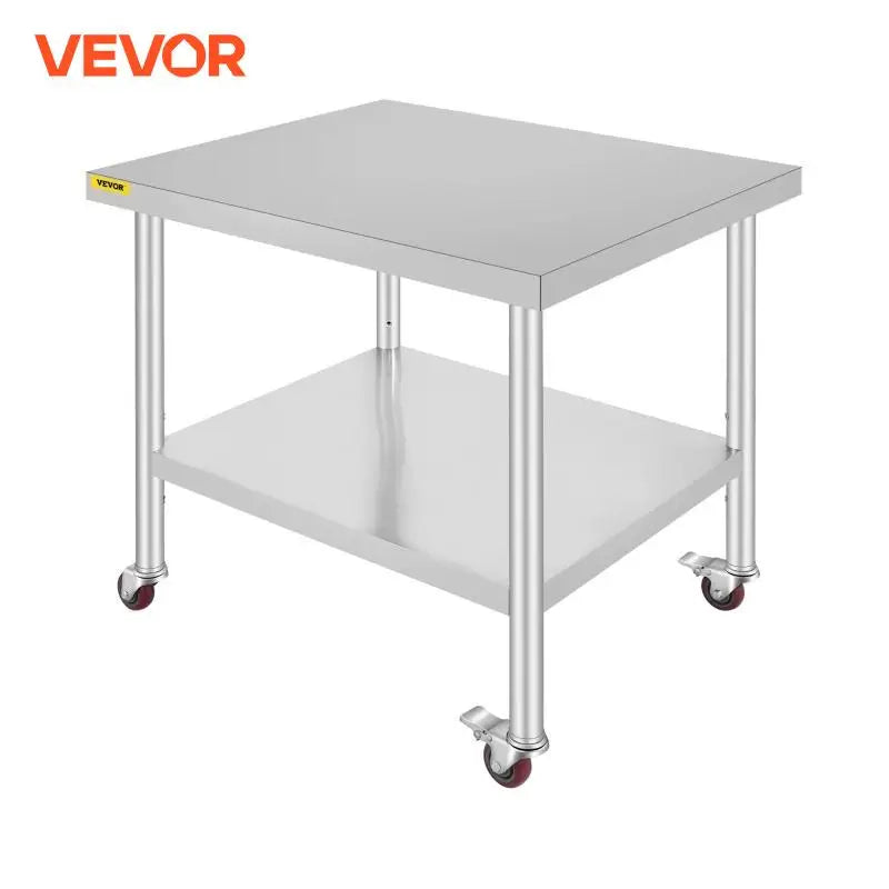 VEVOR Stainless Steel Kitchen Prep Table With 4 Caster Wheels & Backsplash Loads Up to 100KG-300KG for Home Storage Rack Dining