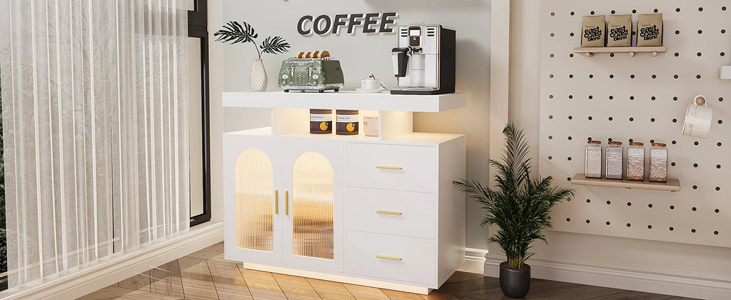 LED Buffet Cabinet 40”W with Wireless Charging Station,Auto Sensor RGB 20-Color Dimmable Sideboard