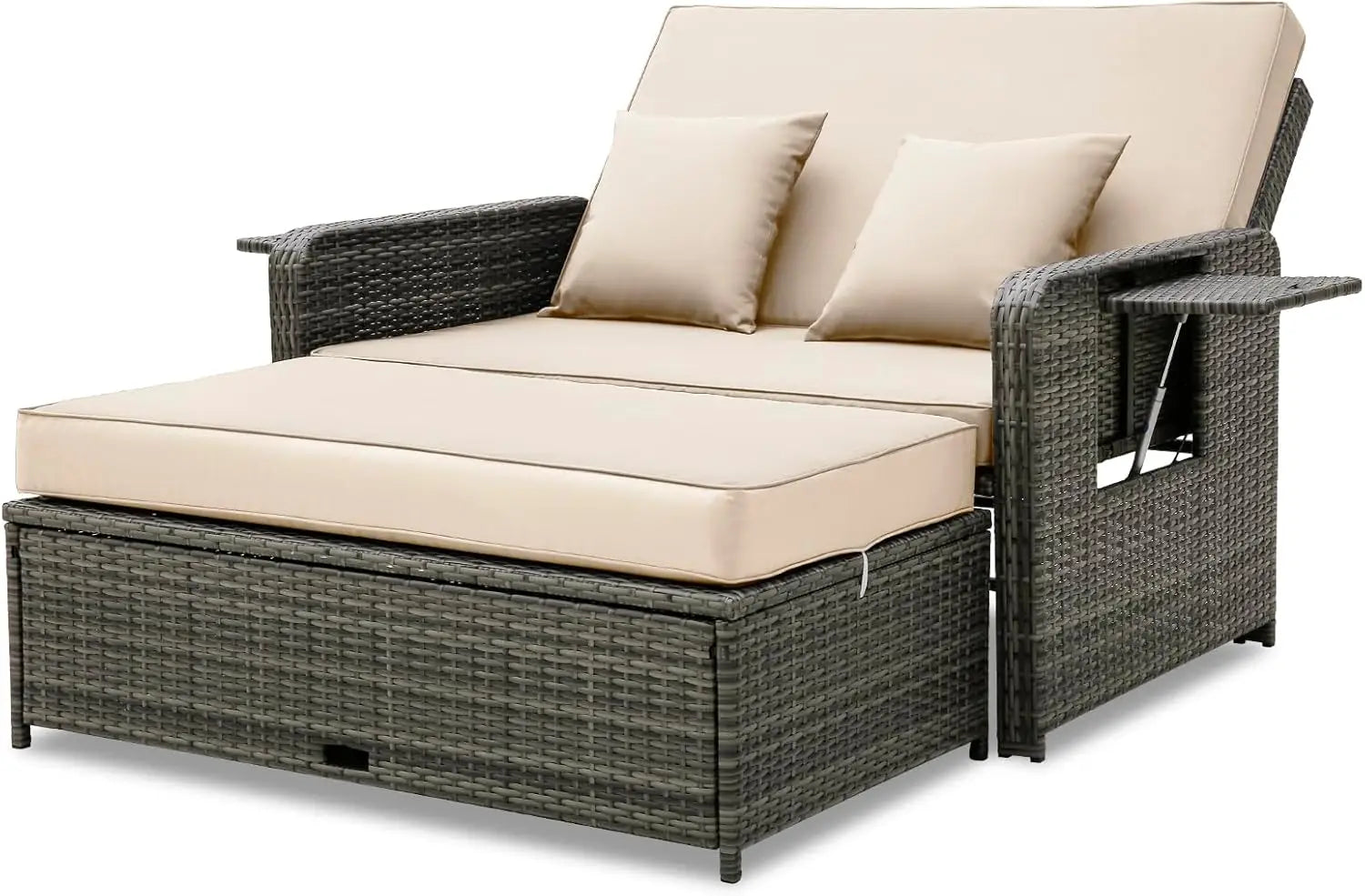 Patio Rattan Daybed Set, Wicker Loveseat Sofa w/Multipurpose Ottoman & Retractable Side Tray, 4-Level Adjustable Backrest